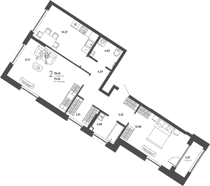 Планировка: 2-комнатная квартира 75,5 м² в ЖК «Страна.Парковая»