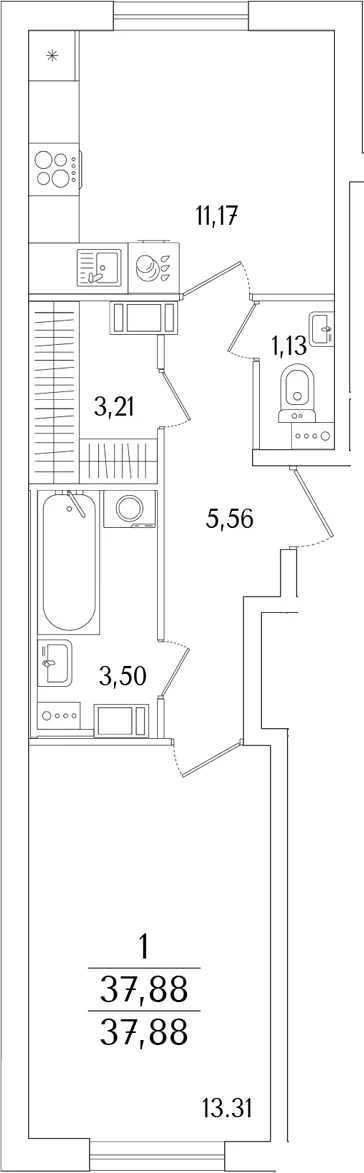 Планировка: 1-комнатная квартира 37,9 м² в ЖК «Кинопарк»