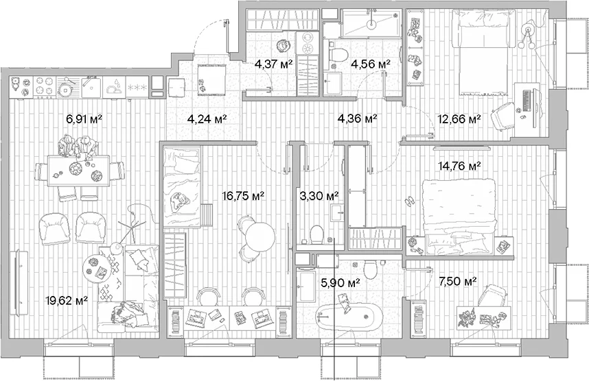 Планировка: Квартира евро-5 104,9 м² в ЖК «МЫС»