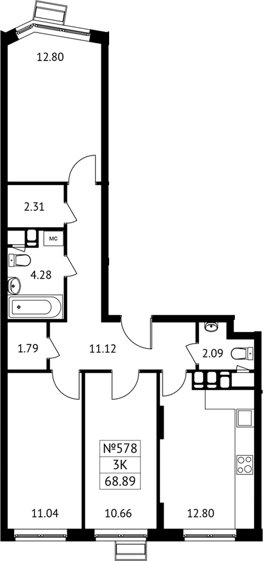 Планировка: 3-комнатная квартира 68,9 м² в ЖК «Новотомилино»