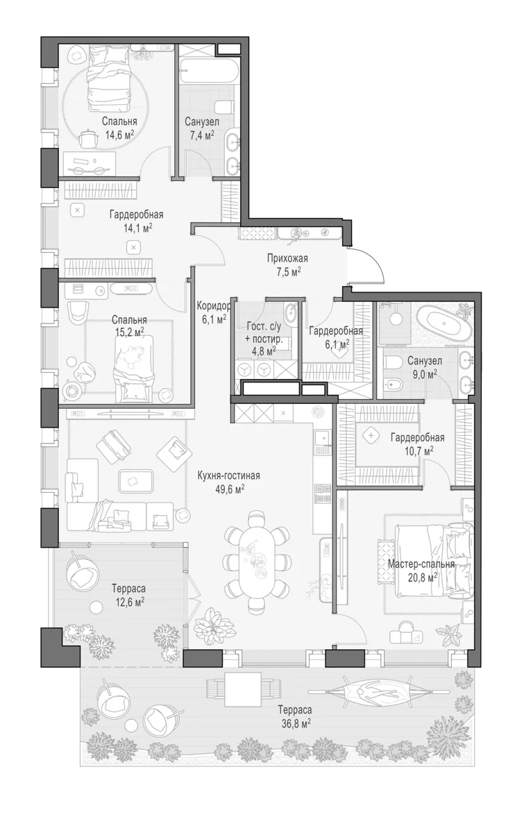 Планировка: Квартира евро-4 175,2 м² в ЖК «Клубный квартал Фрунзенский»