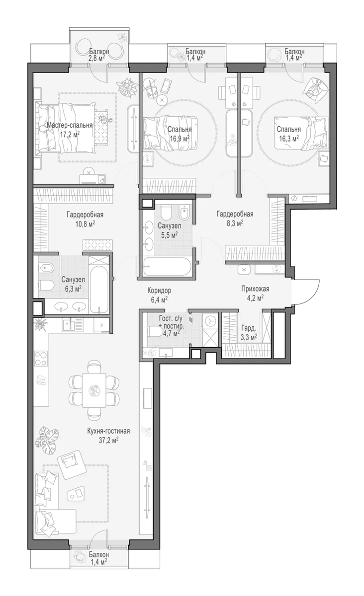 Планировка: Квартира евро-4 136,7 м² в ЖК «Квартал Тишинский бульвар»