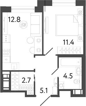 Планировка: 1-комнатная квартира 36,5 м² в ЖК «Передвижники 2»