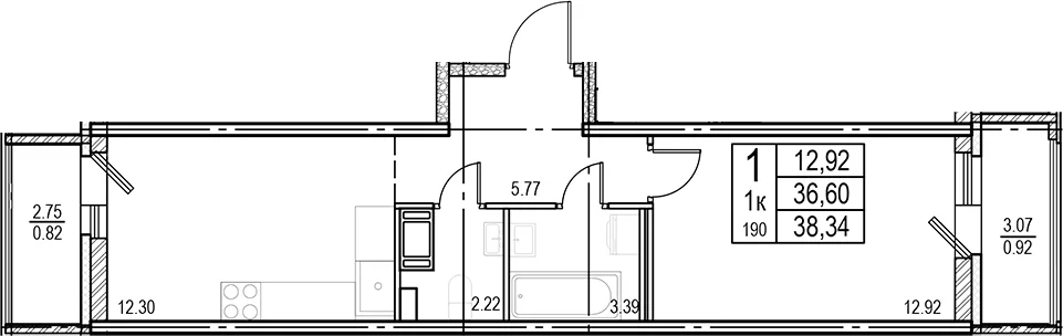 Планировка: 1-комнатная квартира 36,6 м² в ЖК «ID Murino III»