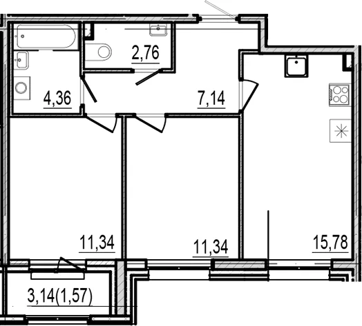 Планировка: 2-комнатная квартира 52,7 м² в ЖК «Оптимист»