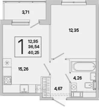 Планировка: Евродвушка 36,5 м² в ЖК «ЮгТаун. Олимпийские кварталы»