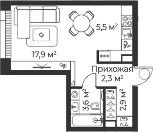 Планировка: Студия 32,2 м² в ЖК «Веер»