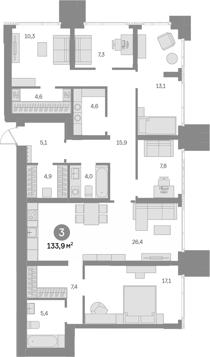 Планировка: 5-комнатная квартира 133,9 м² в ЖК «Квартал Издание»
