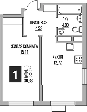 Планировка: 1-комнатная квартира 36,4 м² в ЖК «Гранель Алексеевская роща»