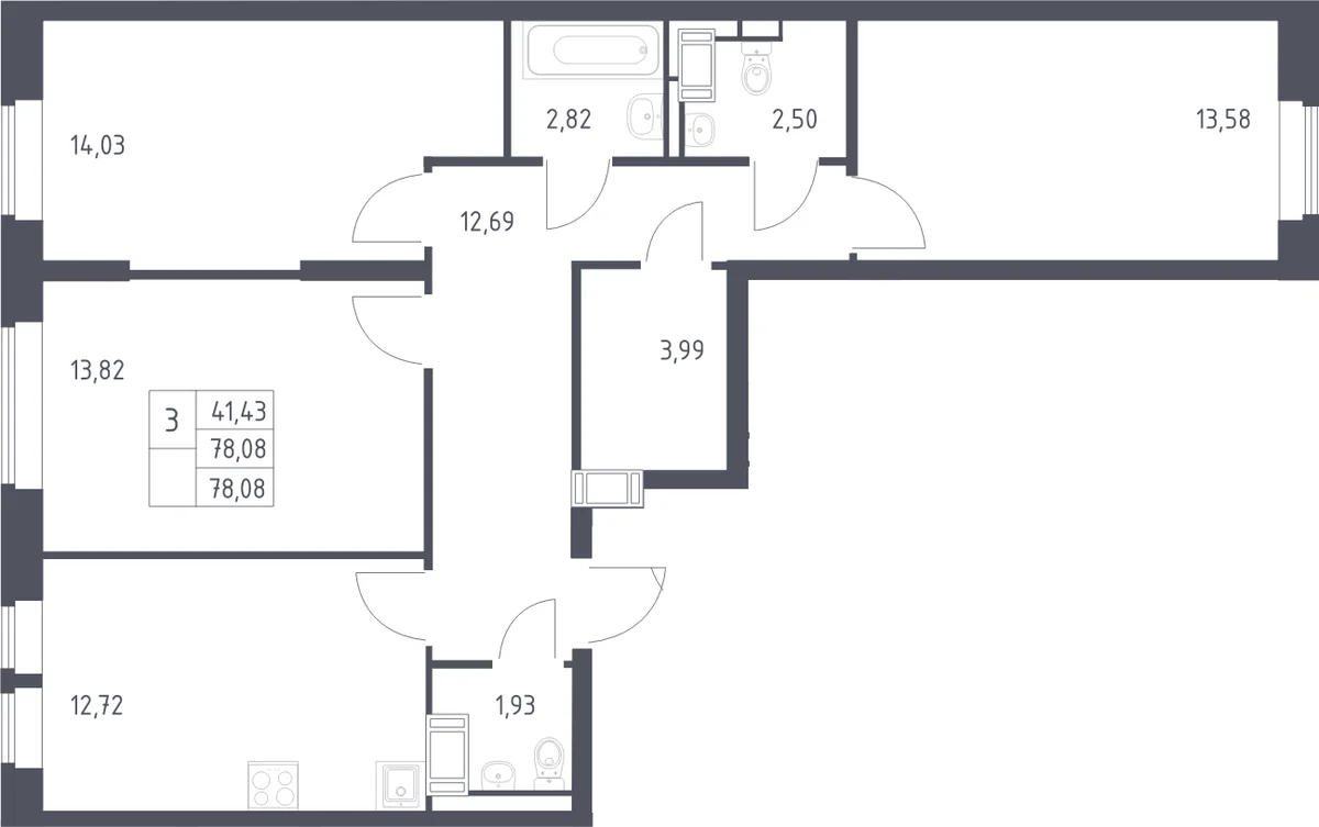 Планировка: 3-комнатная квартира 78,1 м² в ЖК «Большое Путилково»