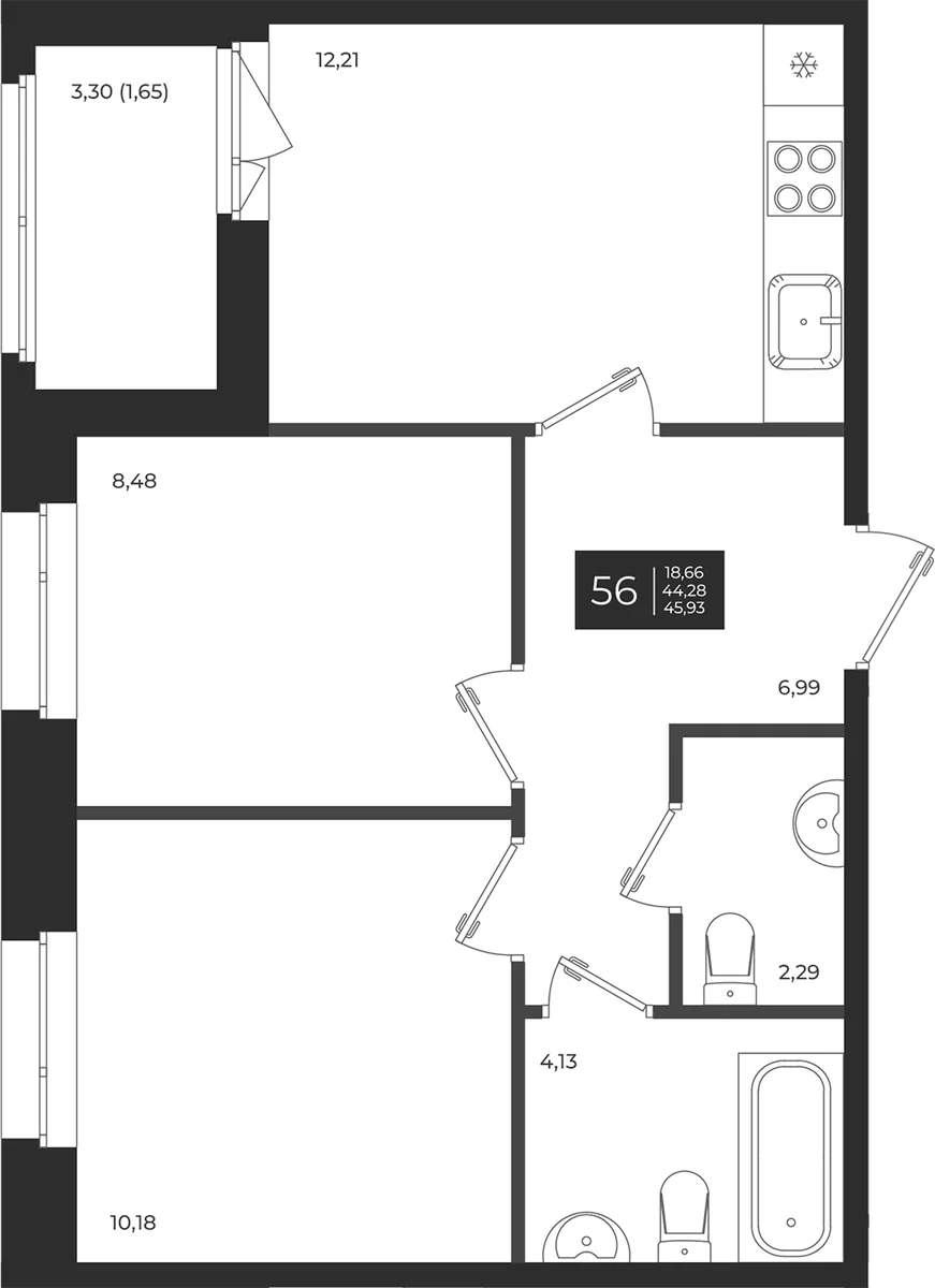 Планировка: 2-комнатная квартира 44,3 м² в ЖК «Новатория»