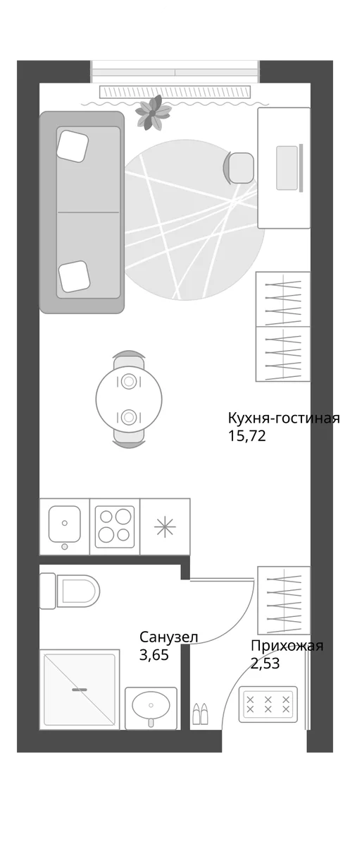 Планировка: Студия 21,9 м² в ЖК «Апарт-комплекс Первый Зеленый»