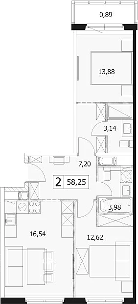 Планировка: Евротрёшка 57,4 м² в ЖК «У реки.Эко Видное 2.0»