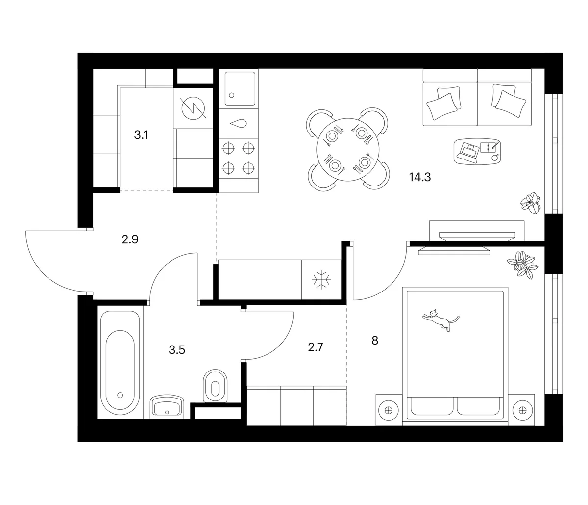 Планировка: 1-комнатная квартира 34,5 м² в ЖК «Белая Дача парк»