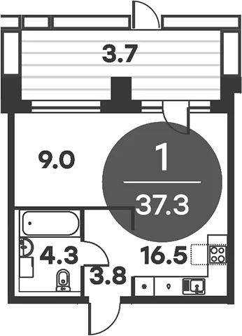 Планировка: 1-комнатная квартира 36,5 м² в ЖК «Равновесие»