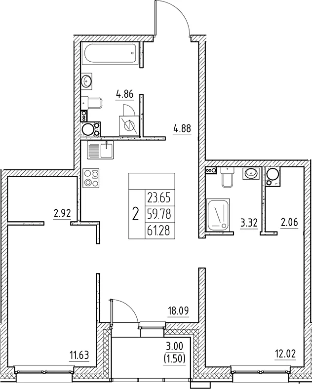 Планировка: Евротрёшка 59,8 м² в ЖК «Сезоны»
