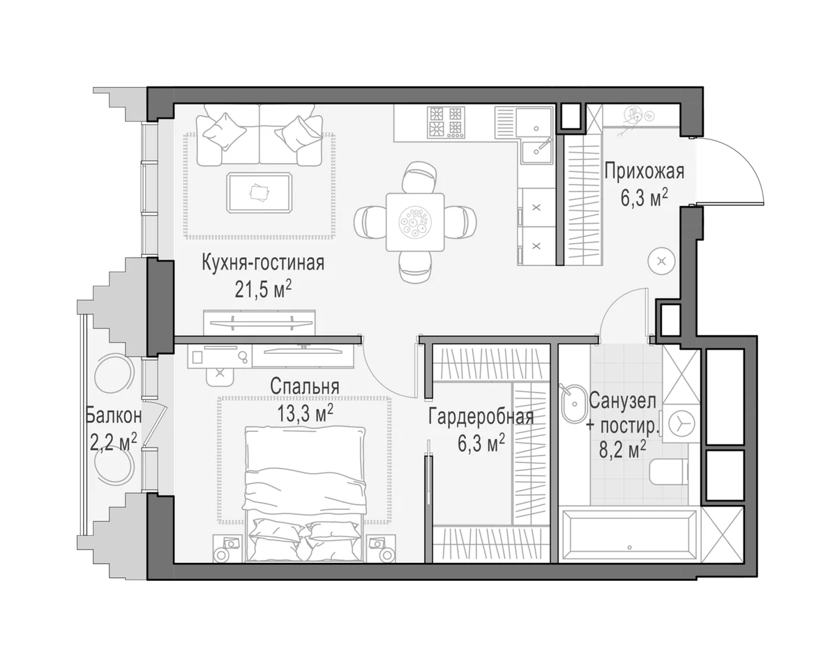 Планировка: Евродвушка 55,3 м² в ЖК «Квартал Тишинский бульвар»