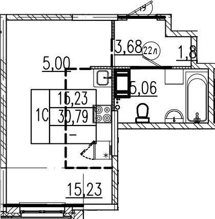 Планировка: Студия 30,8 м² в ЖК «Высота. Новодевяткино»
