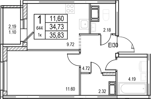 Планировка: 1-комнатная квартира 34,7 м² в ЖК «ID Murino III»