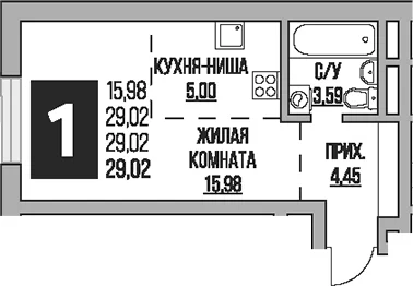 Планировка: Студия 29 м² в ЖК «Гранель Живописный»