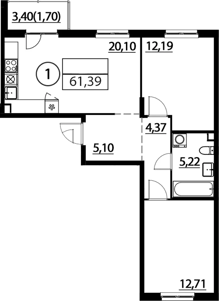Планировка: Евротрёшка 59,7 м² в ЖК «А101 Лаголово»