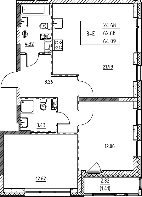 Планировка: Евротрёшка 62,7 м² в ЖК «Город-спутник Южный»