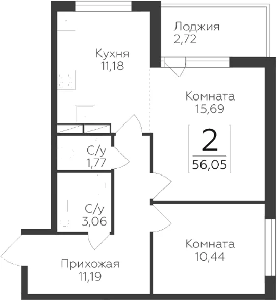 Планировка: 2-комнатная квартира 53,3 м² в ЖК «Панорама Юкки. ГК Развитие. Санкт-Петербург»