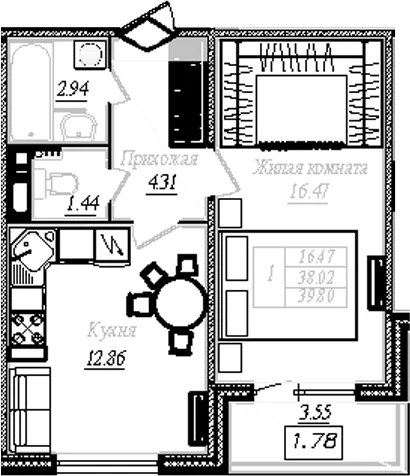Планировка: 1-комнатная квартира 38 м² в ЖК «АРО»