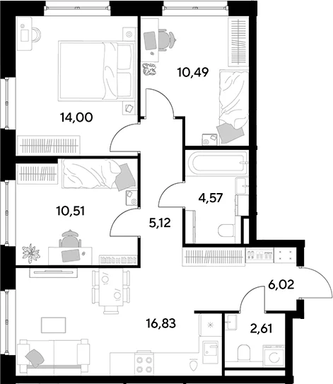 Планировка: Квартира евро-4 70,2 м² в ЖК «Космопарк»