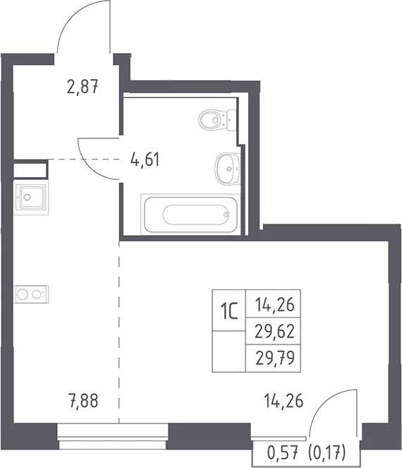 Планировка: Студия 29,6 м² в ЖК «Рублевский квартал»