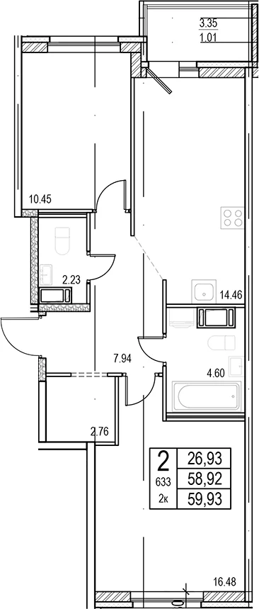 Планировка: 2-комнатная квартира 58,9 м² в ЖК «ID Murino III»