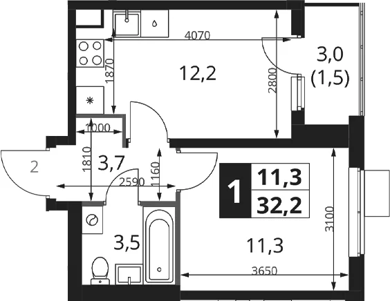 Планировка: 1-комнатная квартира 30,7 м² в ЖК «1-й Ясеневский»