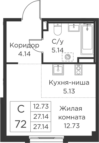 Планировка: Студия 27,1 м² в ЖК «Кронфорт»