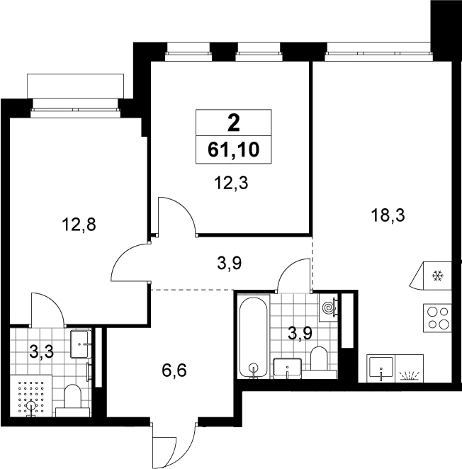 Планировка: Евротрёшка 61,1 м² в ЖК «Деснаречье»