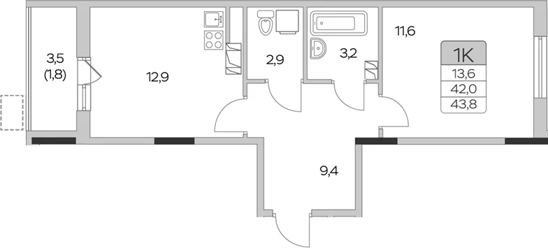 Планировка: 1-комнатная квартира 42 м² в ЖК «Пироговская ривьера»