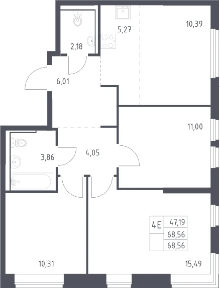Планировка: Квартира евро-4 68,6 м² в ЖК «Пригород Лесное»