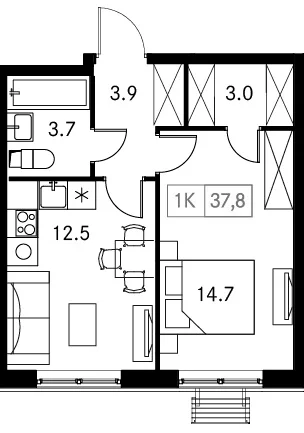 Планировка: 1-комнатная квартира 37,8 м² в ЖК «Новый Зеленоград»