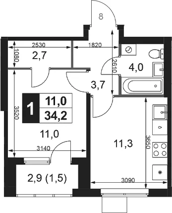 Планировка: 1-комнатная квартира 32,7 м² в ЖК «1-й Ясеневский»