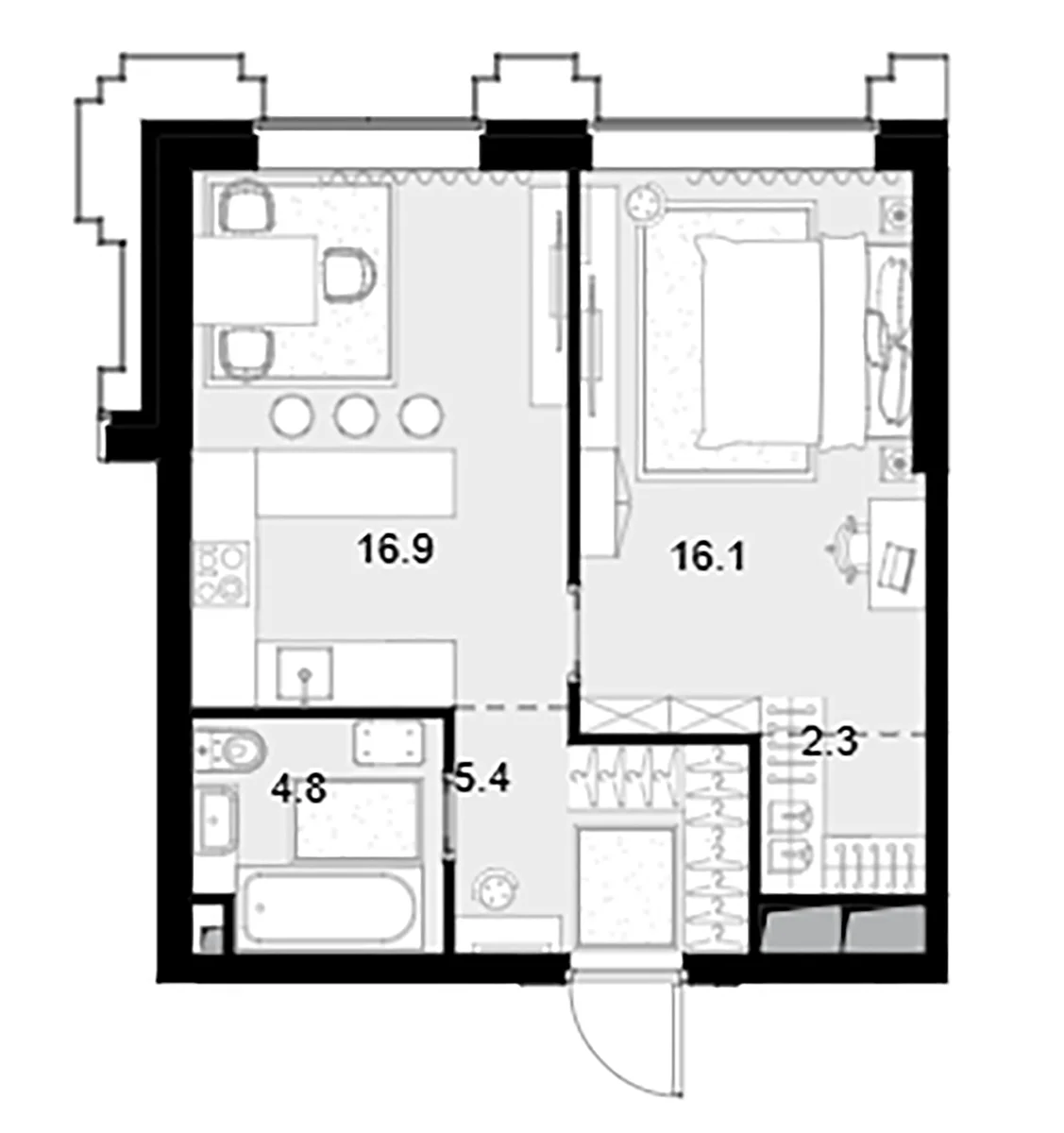 Планировка: 1-комнатная квартира 45,5 м² в ЖК «Высотка на Жукова»
