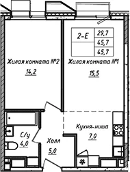 Планировка: Евродвушка 45,7 м² в ЖК «УНО.Соколиная гора»