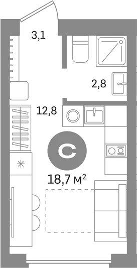 Планировка: Студия 18,7 м² в ЖК «Первый квартал. Вторая очередь»