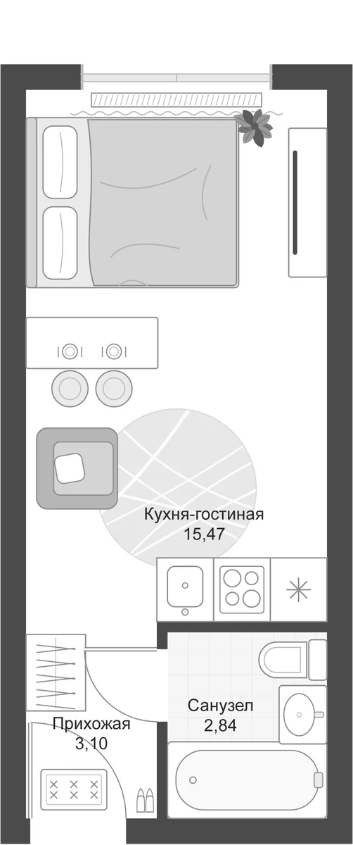 Планировка: Студия 21,4 м² в ЖК «Апарт-комплекс Первый Зеленый»