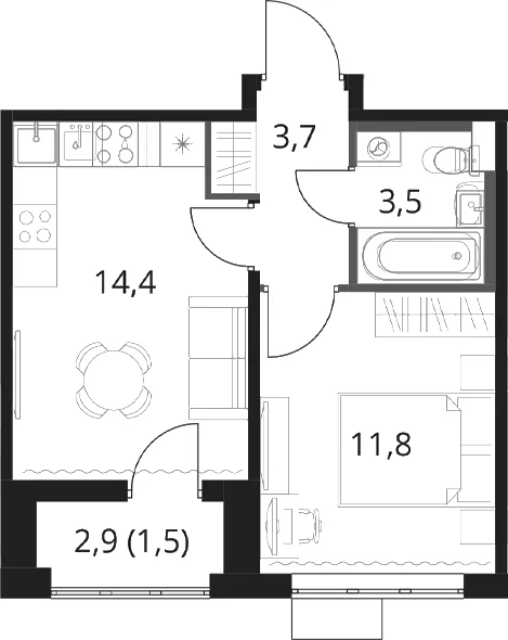Планировка: 1-комнатная квартира 33,4 м² в ЖК «1-й Шереметьевский»