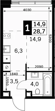Планировка: Студия 28,7 м² в ЖК «Амбер Сити»