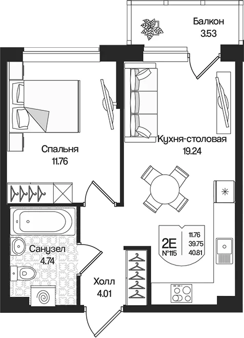 Планировка: Евродвушка 39,8 м² в ЖК «Охтинские высоты»