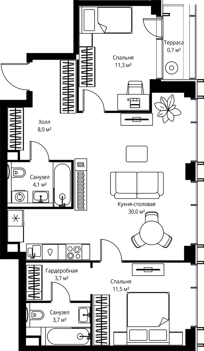 Планировка: Евротрёшка 72,3 м² в ЖК «Веер»