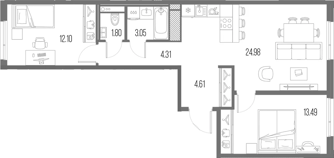 Планировка: Евротрёшка 64,3 м² в ЖК «Легенда Васильевского»