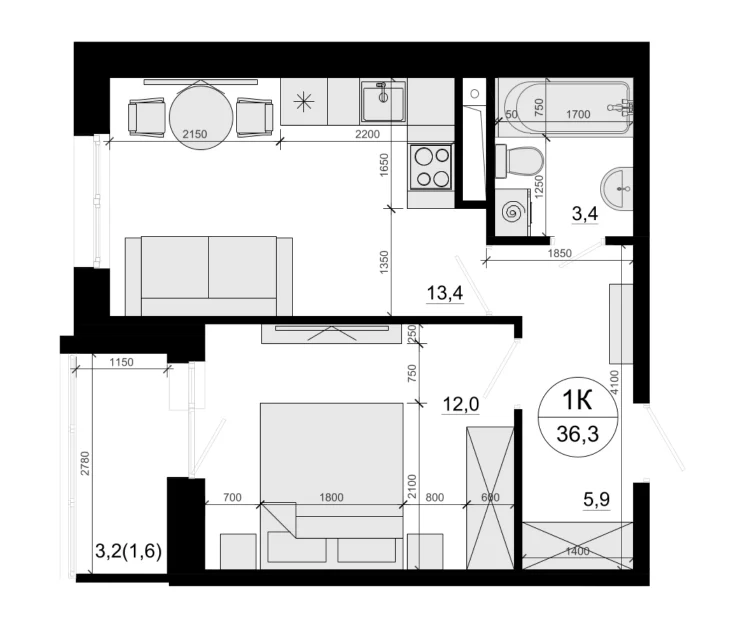 Планировка: 1-комнатная квартира 34,7 м² в ЖК «Одинцовские Кварталы Эволюция»