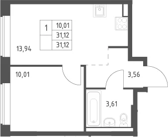 Планировка: 1-комнатная квартира 31,1 м² в ЖК «Большое Юрлово»