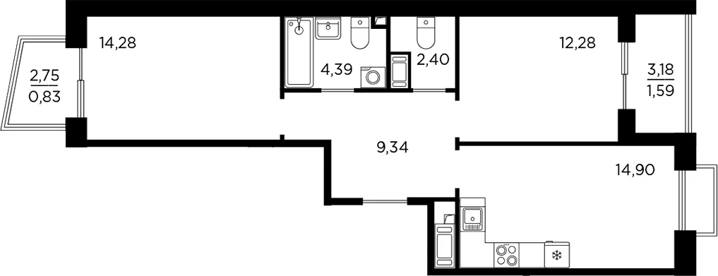 Планировка: 2-комнатная квартира 57,6 м² в ЖК «Респект»